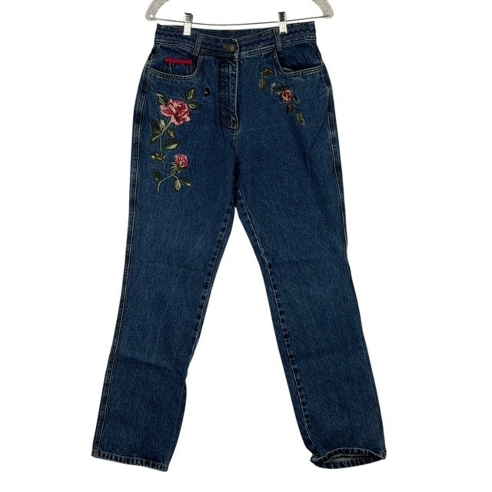 Together Vintage 90s Floral Rose Embroidered High Waisted Jeans Blue Size 10